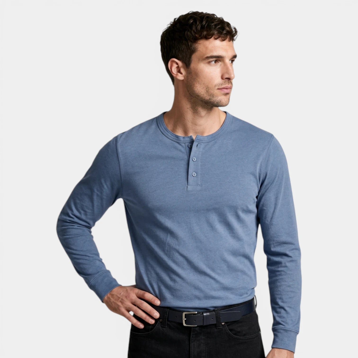 Long Sleeve Henley Shirt Three Button Placket for Men