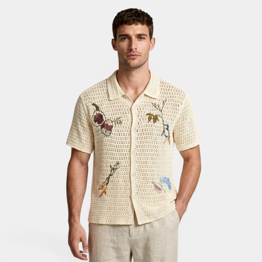 Open Knit Embroidered Button-Up Shirt Relaxed Fit for Men