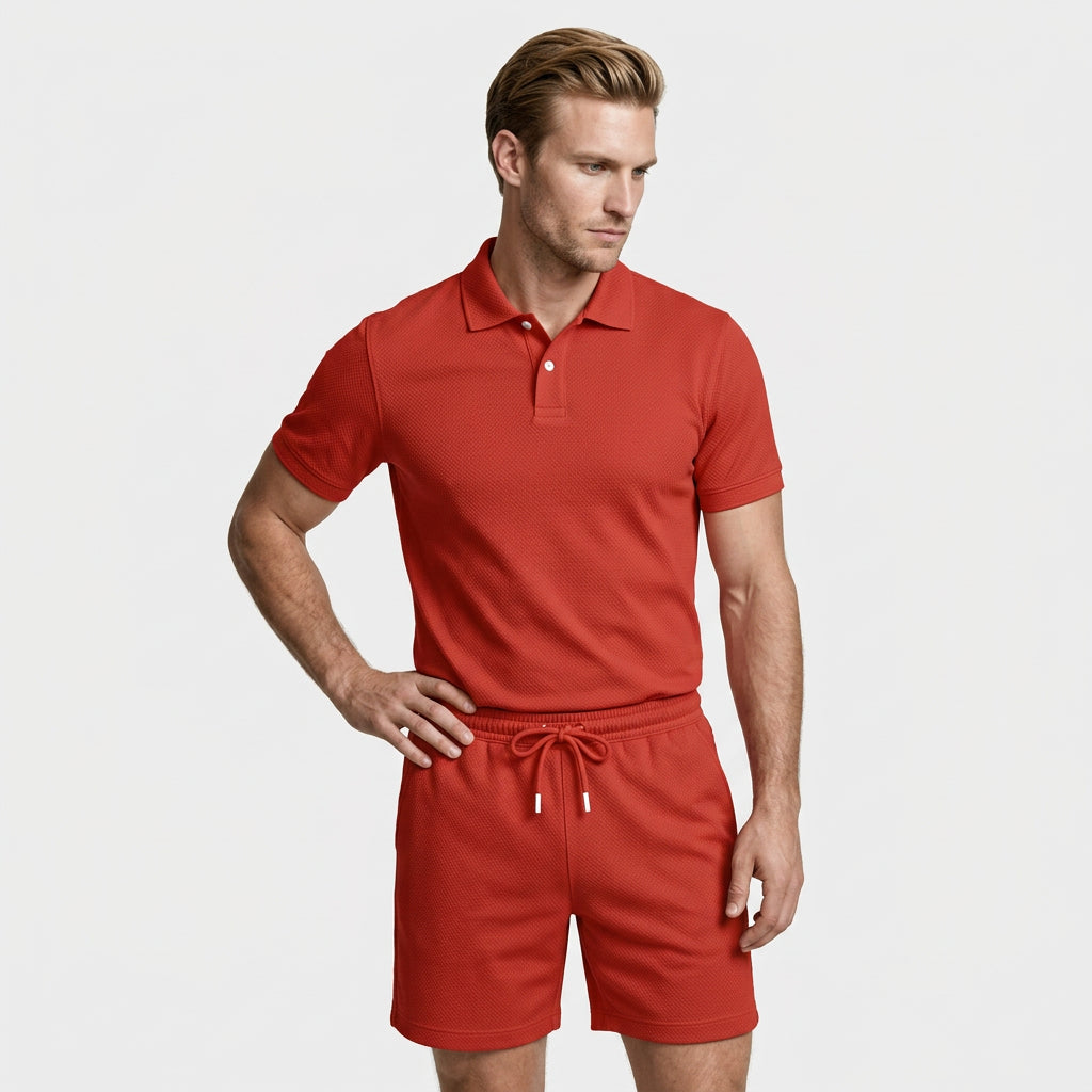 Polo Shirt and Shorts Set Drawstring Waist for Men