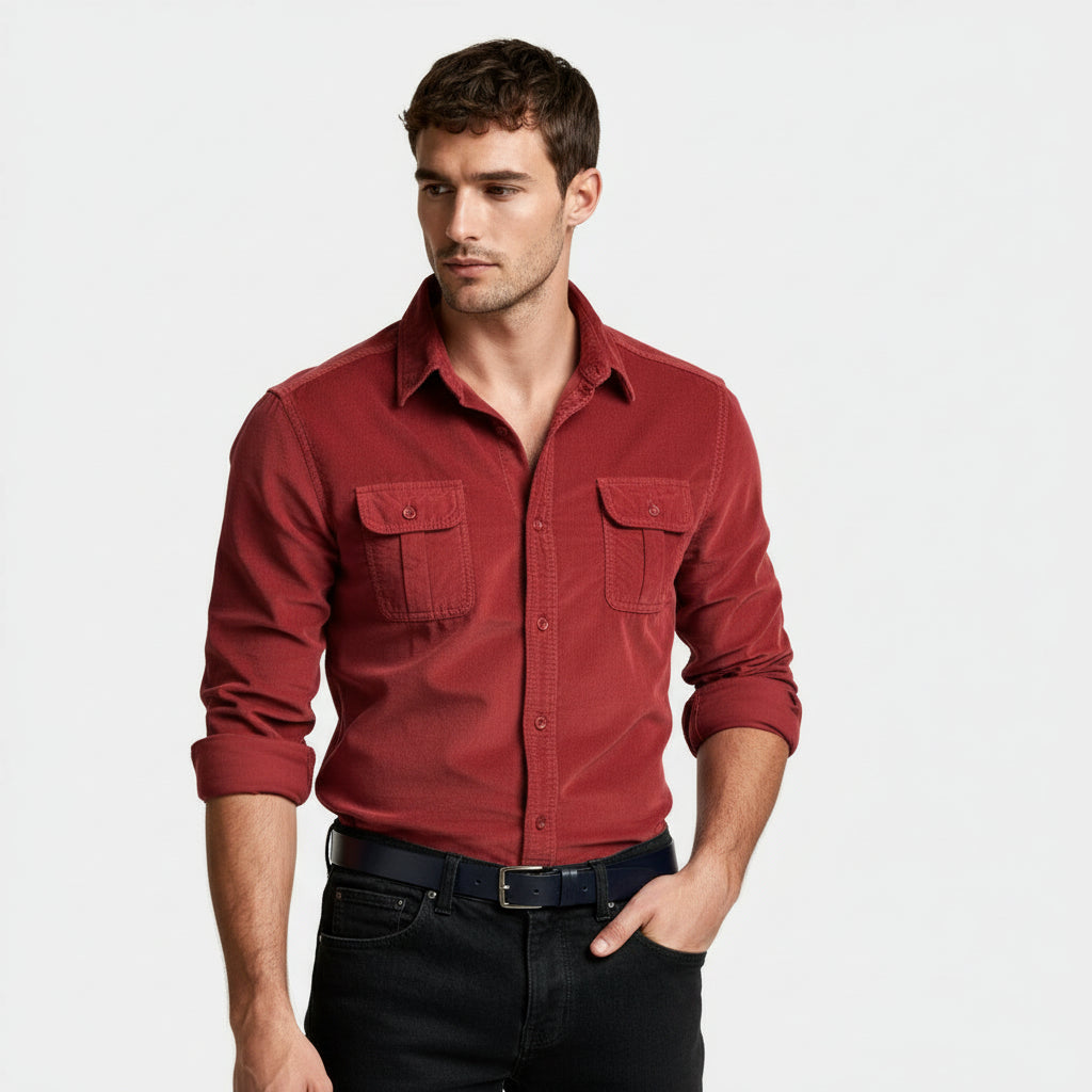 Button-Up Shirt Dual Chest Pockets Structured Fit for Men