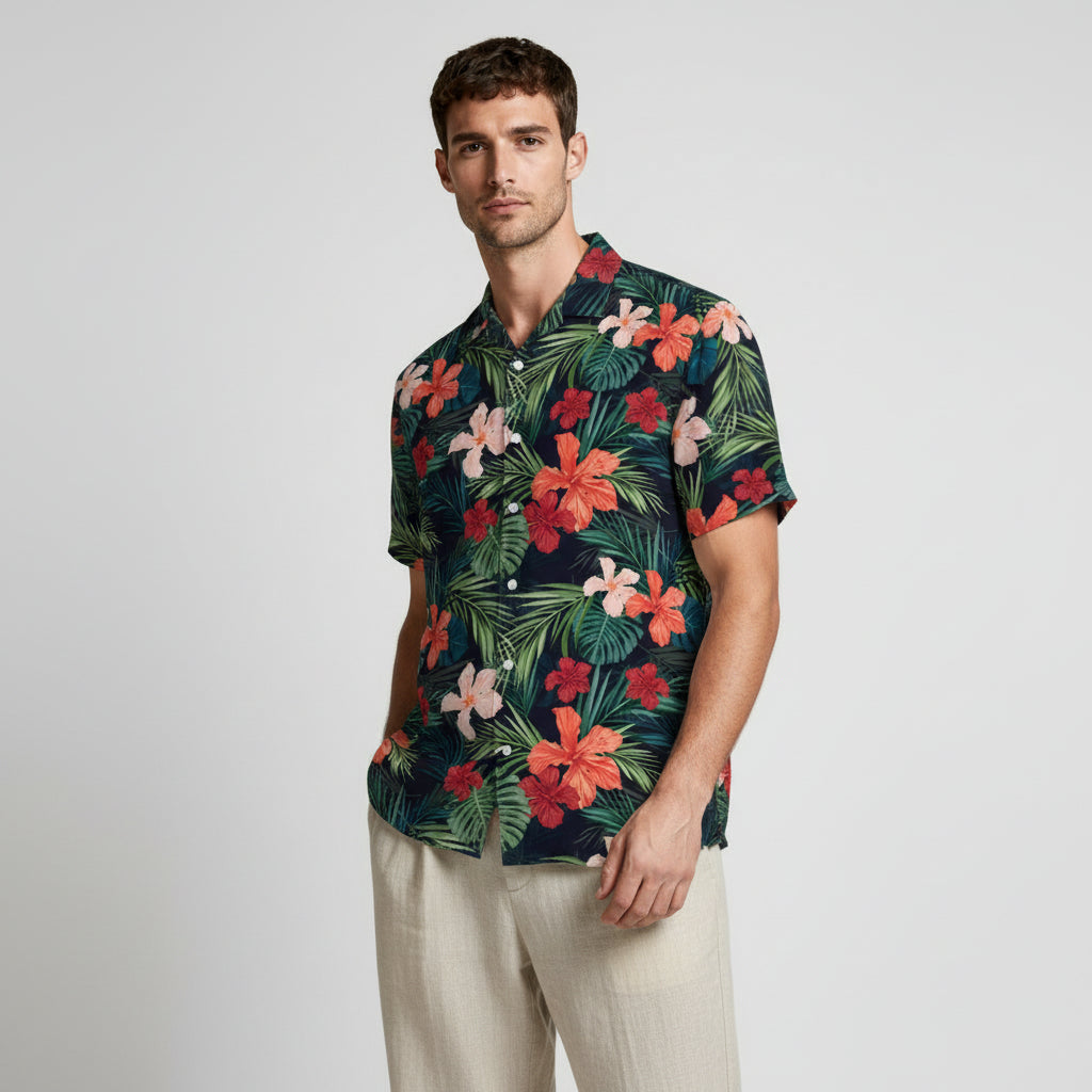 Tropical Floral Print Shirt Short Sleeve Regular Fit for Men