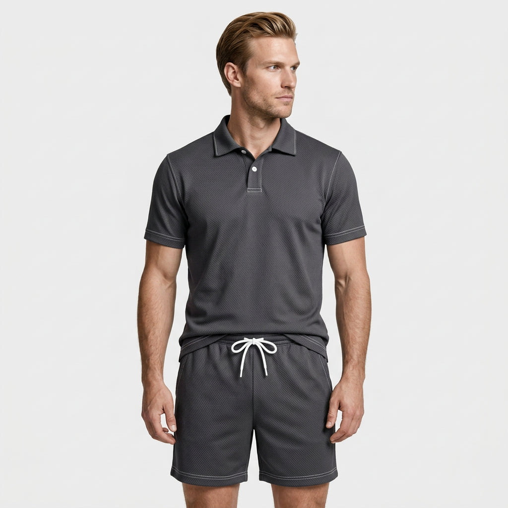 Polo Shirt and Shorts Set Drawstring Waist for Men