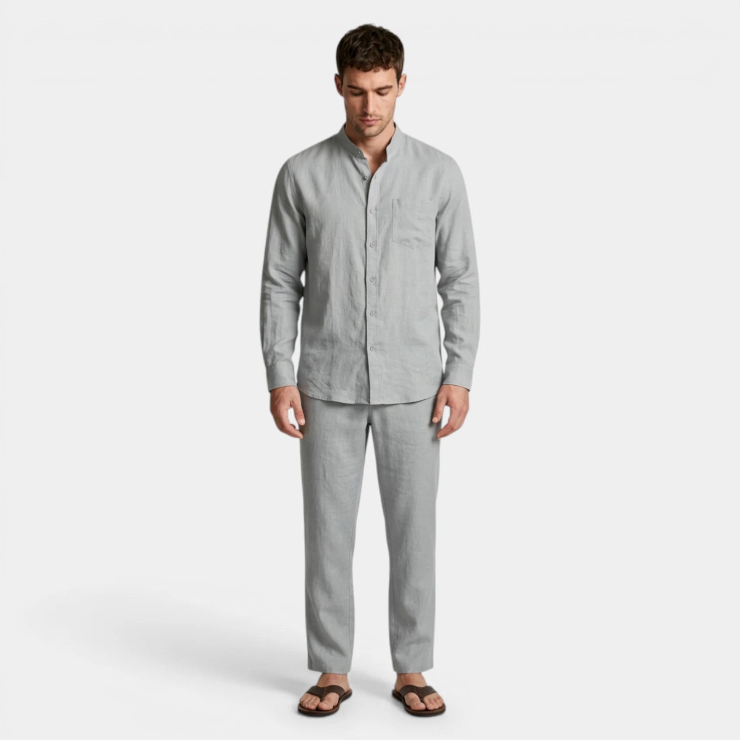 Two-Piece Button-Up Stand Collar Set Regular Fit for Men