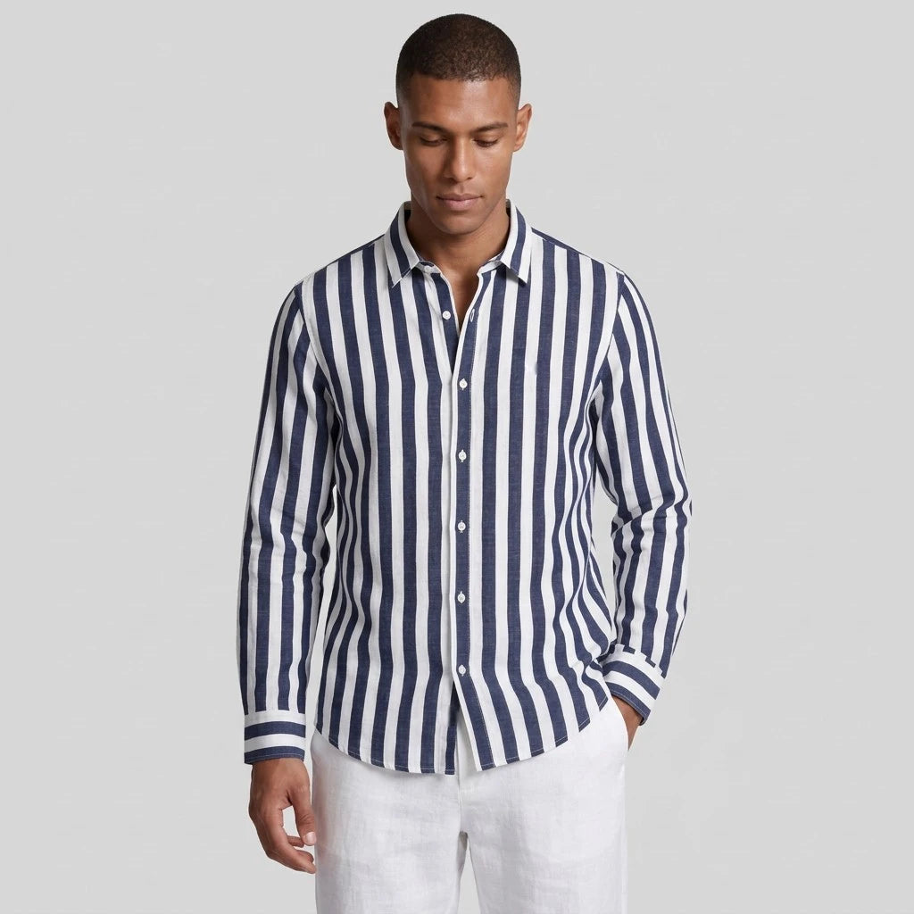 Linen-Cotton Striped Shirt Long Sleeve Relaxed Fit for Men