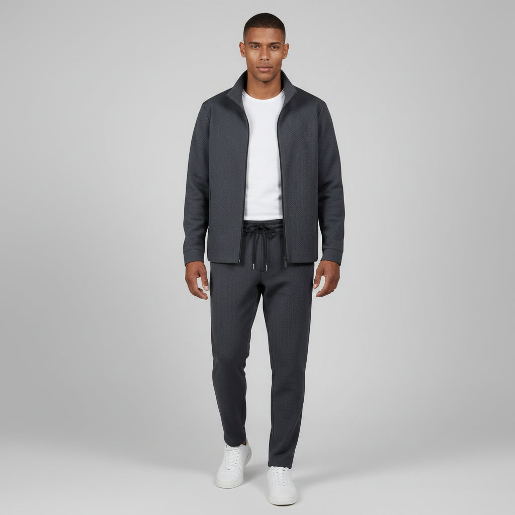 Textured Zip Jacket Drawstring Pants Track Set for Men