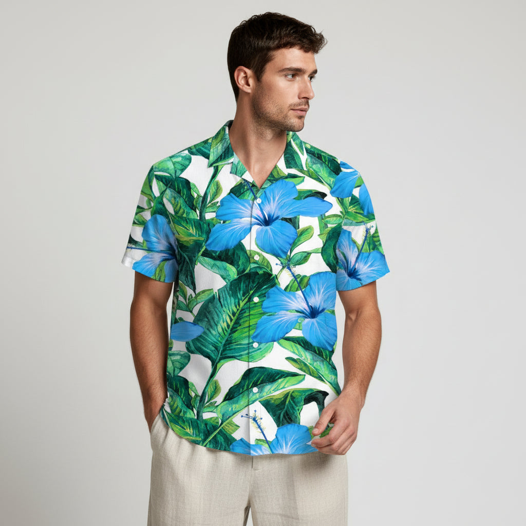 Tropical Floral Print Shirt Short Sleeve Regular Fit for Men