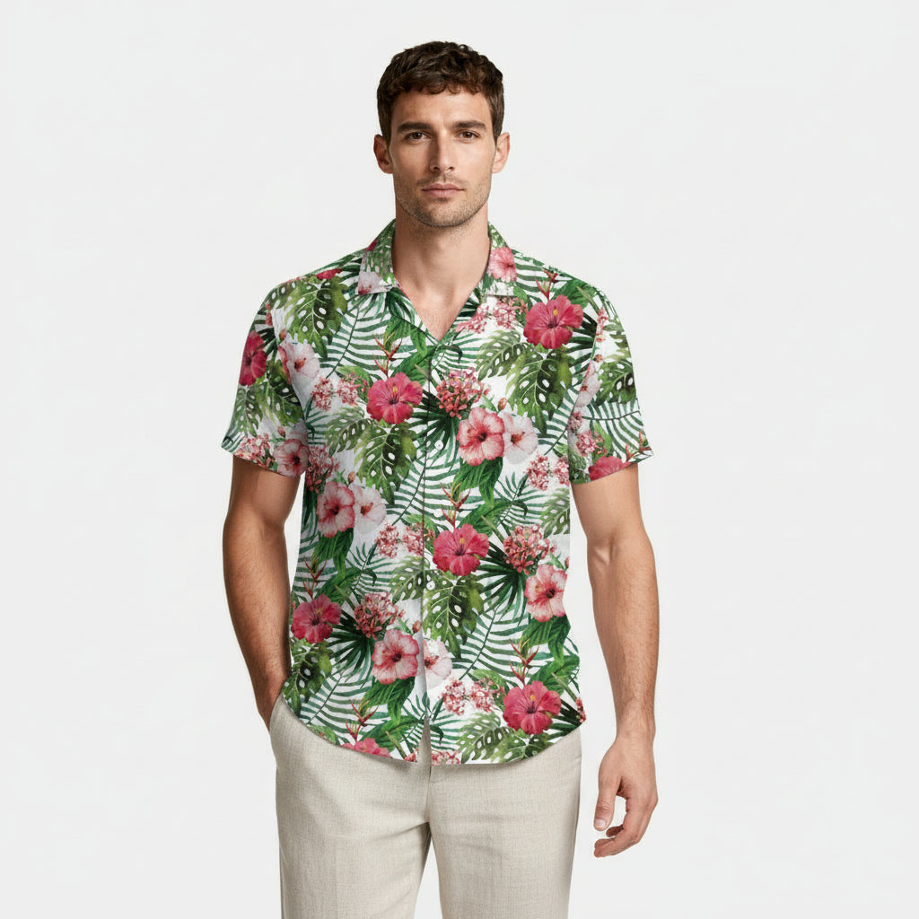 Tropical Floral Print Shirt Short Sleeve Regular Fit for Men