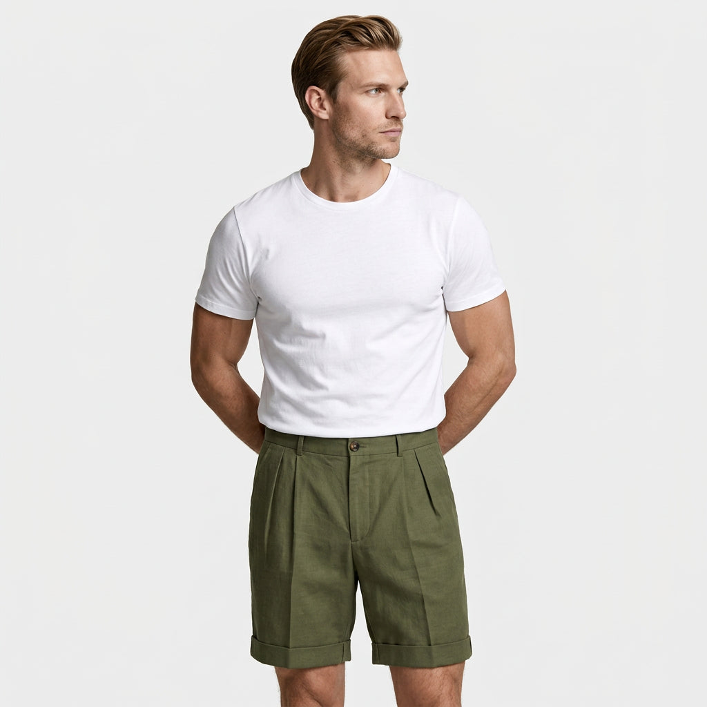 Pleated Tailored Shorts Cuffed Hem Regular Fit for Men