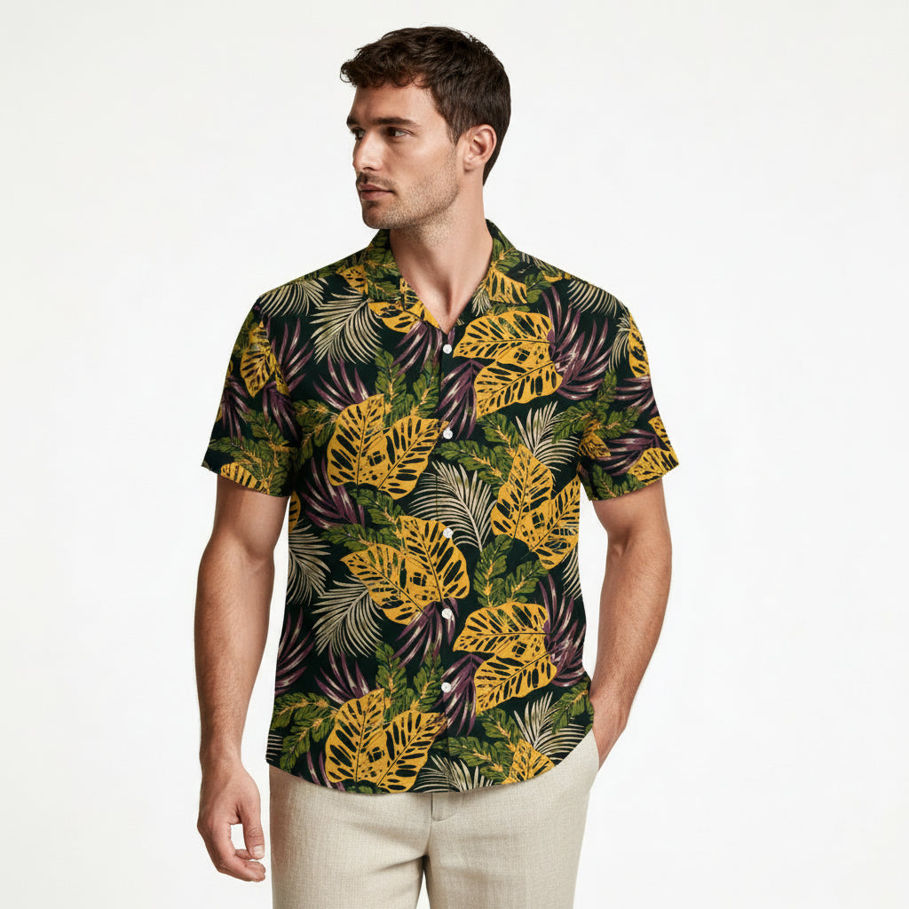 Tropical Floral Print Shirt Short Sleeve Regular Fit for Men