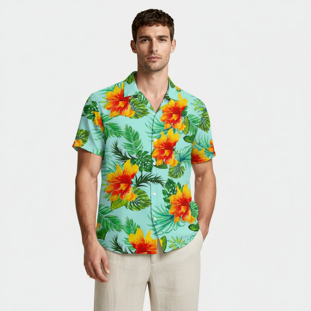 Tropical Floral Print Shirt Short Sleeve Regular Fit for Men