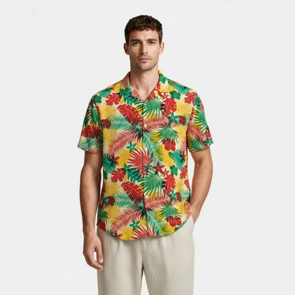 Tropical Floral Print Shirt Short Sleeve Regular Fit for Men