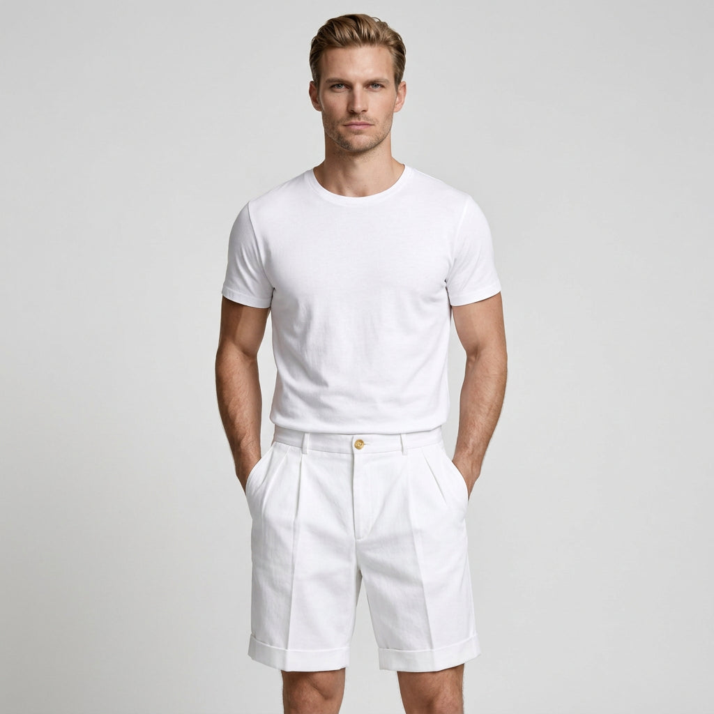 Pleated Tailored Shorts Cuffed Hem Regular Fit for Men