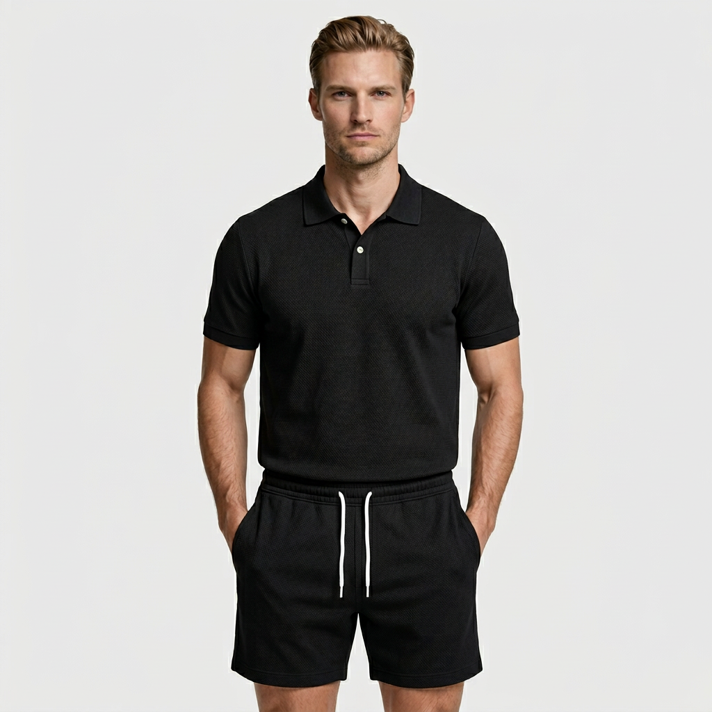 Polo Shirt and Shorts Set Drawstring Waist for Men