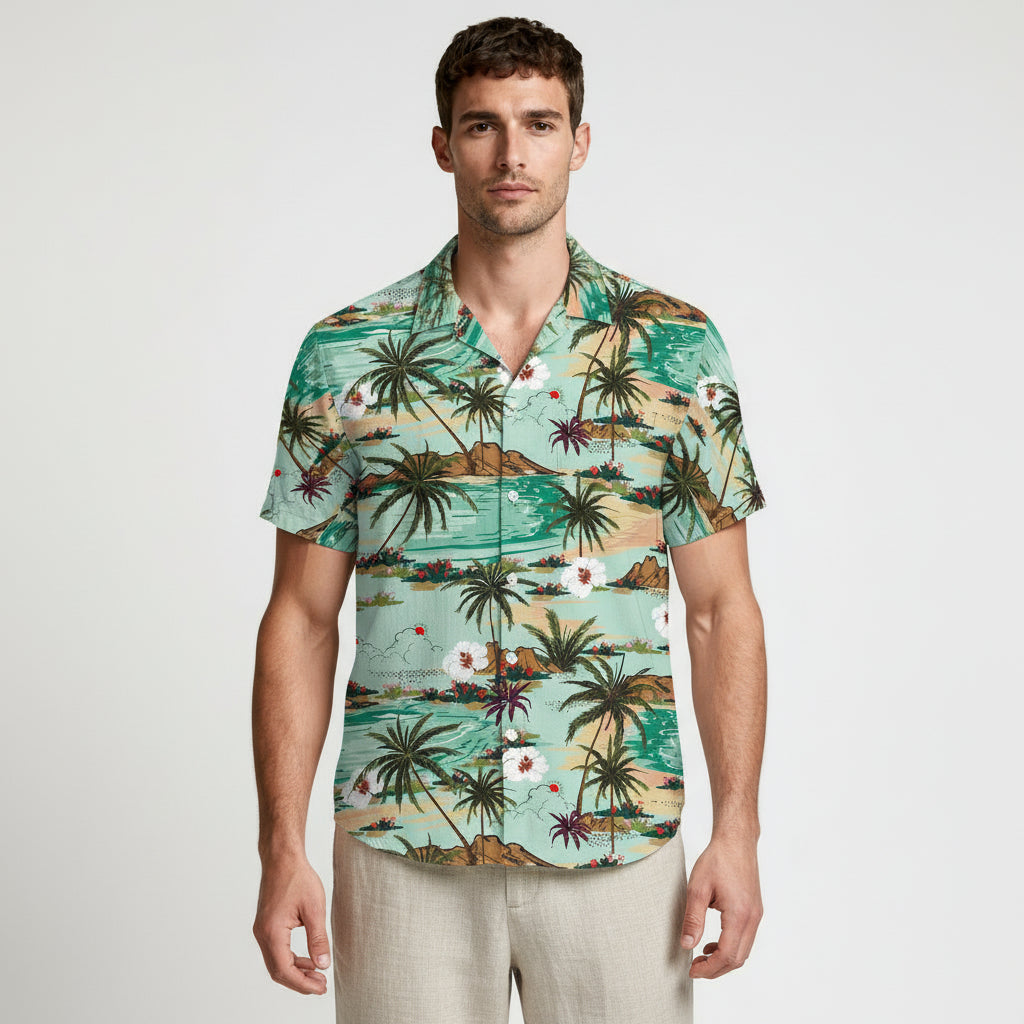 Tropical Floral Print Shirt Short Sleeve Regular Fit for Men
