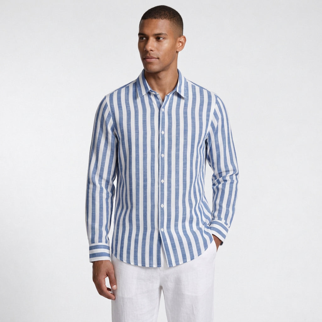 Linen-Cotton Striped Shirt Long Sleeve Relaxed Fit for Men