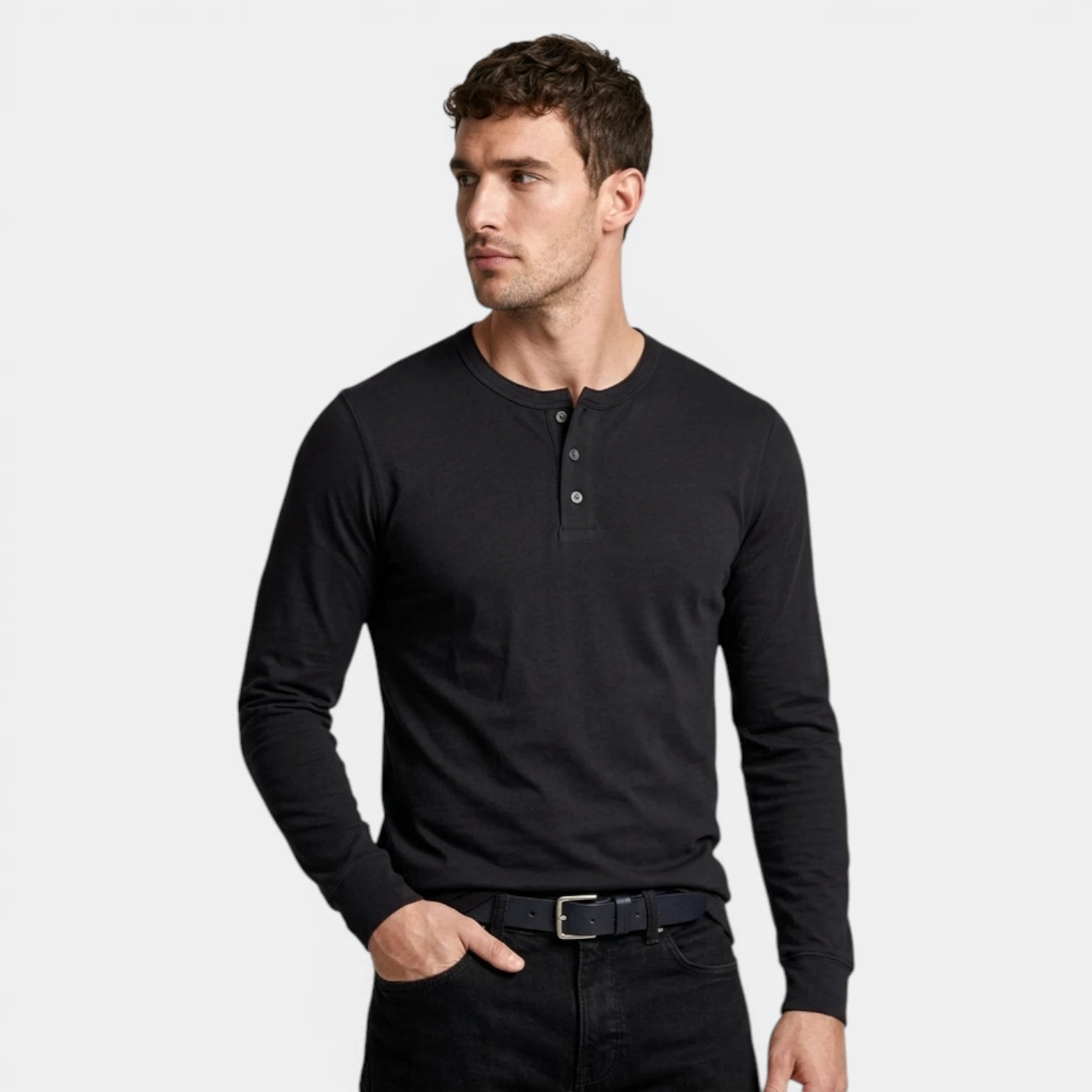 Long Sleeve Henley Shirt Three Button Placket for Men