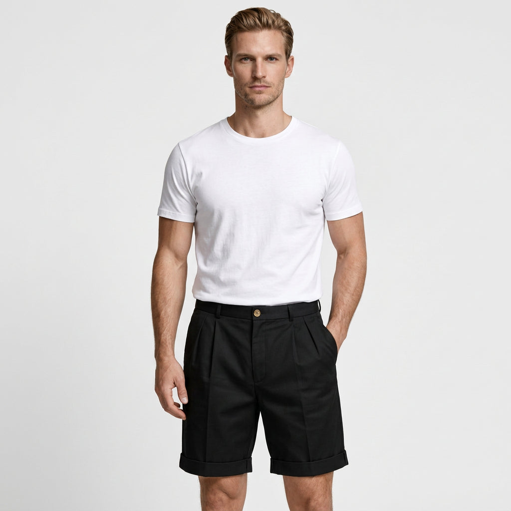 Pleated Tailored Shorts Cuffed Hem Regular Fit for Men