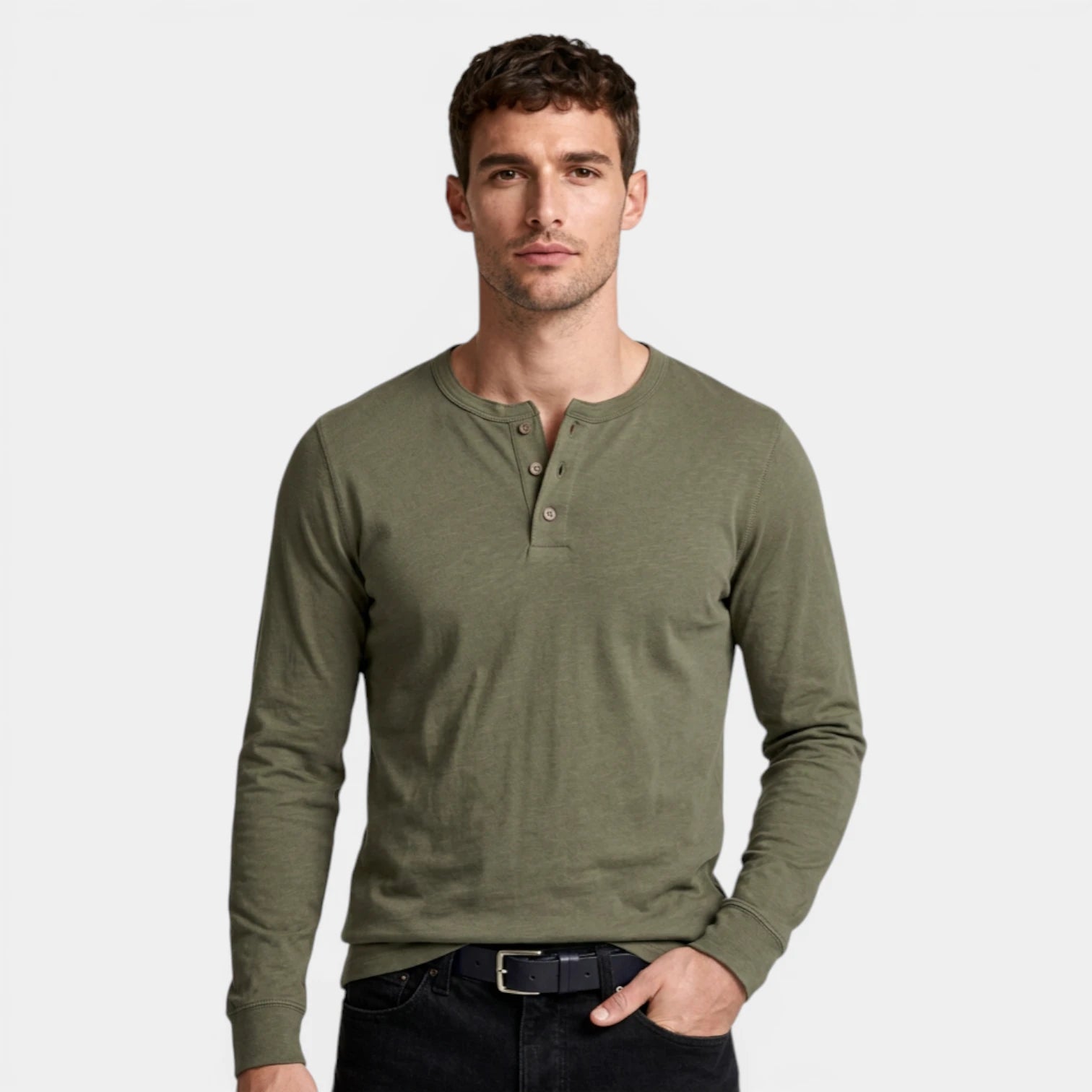 Long Sleeve Henley Shirt Three Button Placket for Men