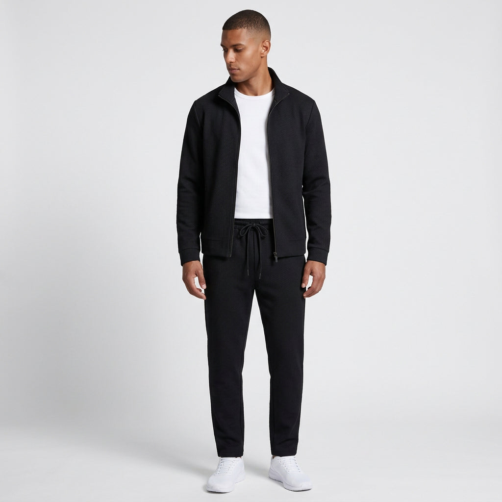 Textured Zip Jacket Drawstring Pants Track Set for Men