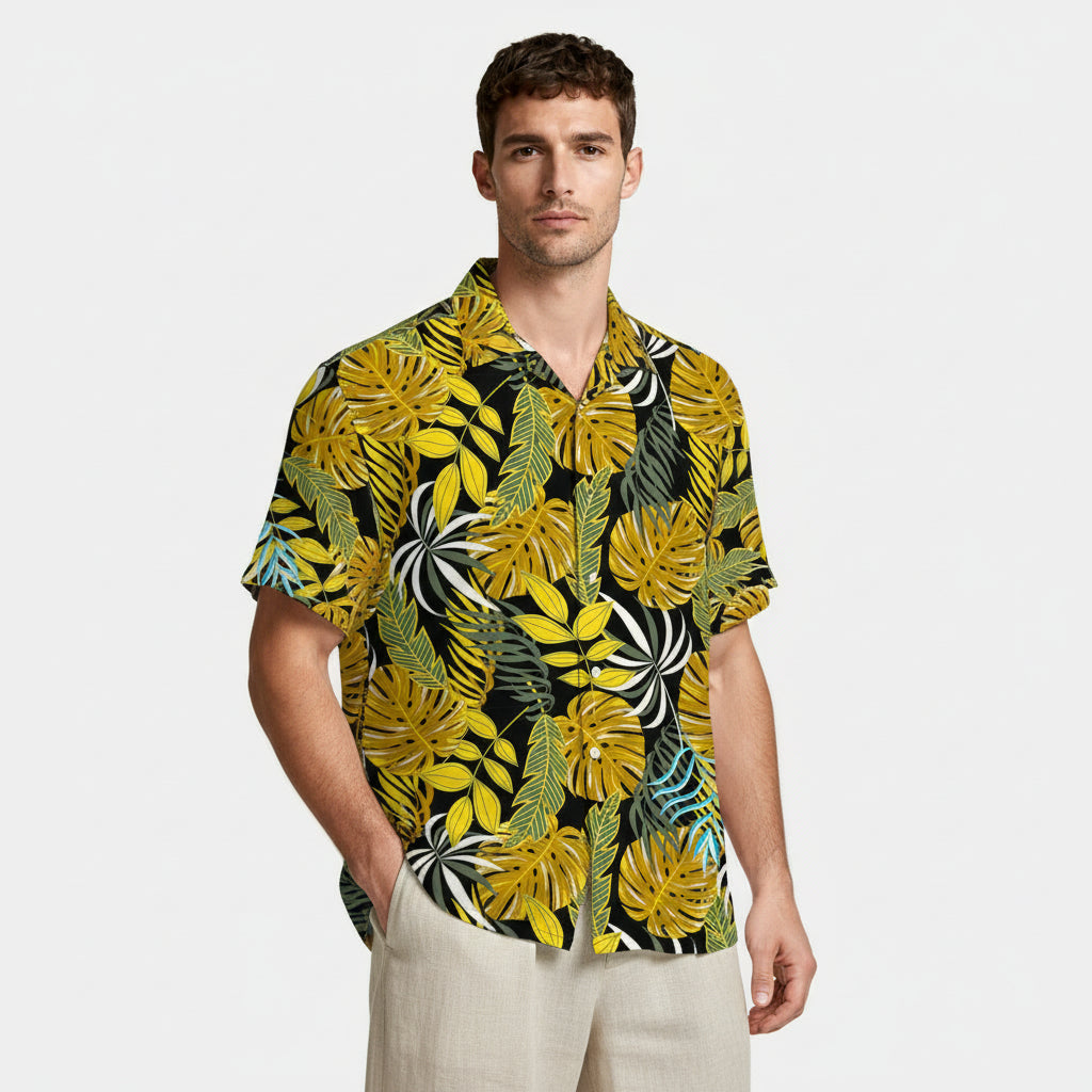 Tropical Floral Print Shirt Short Sleeve Regular Fit for Men