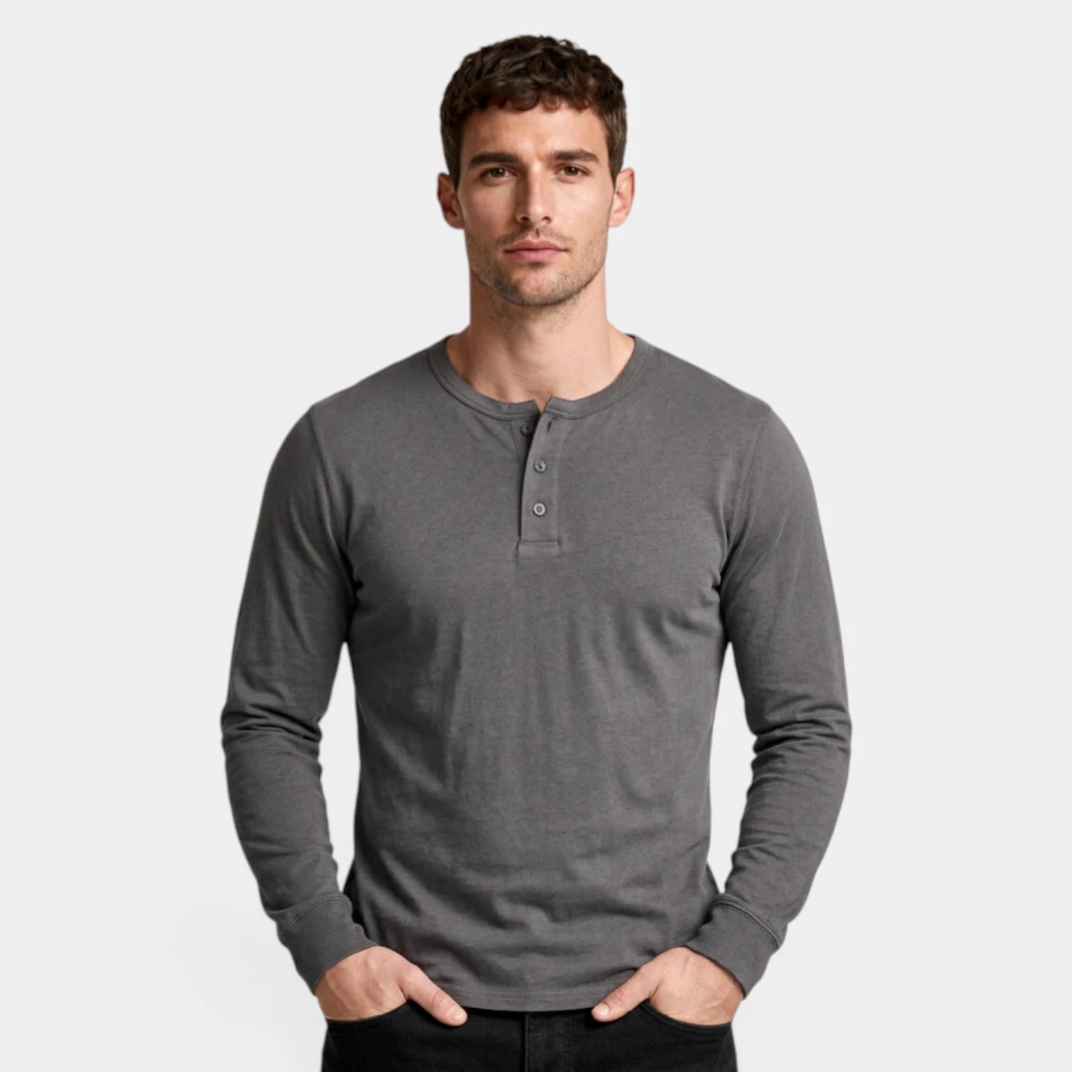 Long Sleeve Henley Shirt Three Button Placket for Men
