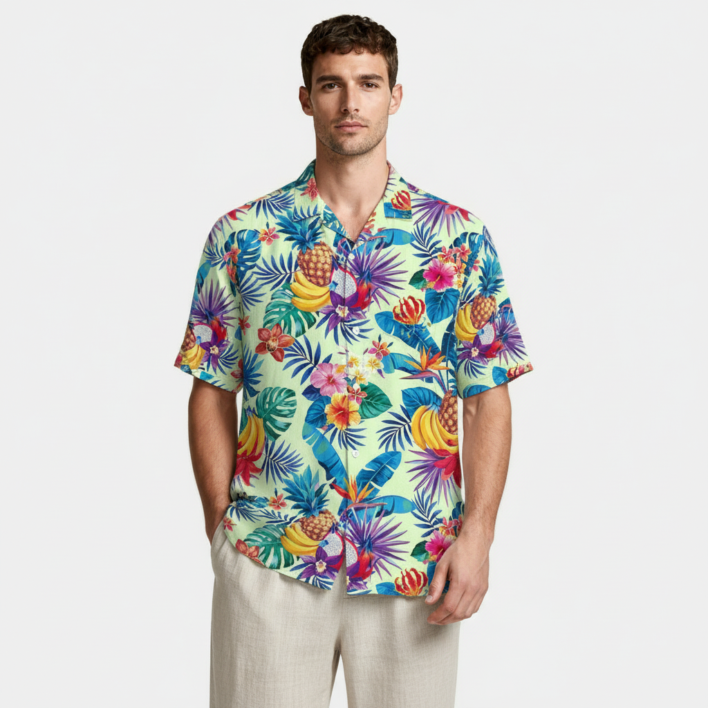 Tropical Floral Print Shirt Short Sleeve Regular Fit for Men