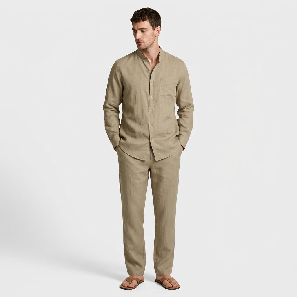 Two-Piece Button-Up Stand Collar Set Regular Fit for Men