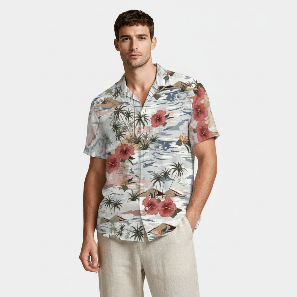 Tropical Floral Print Shirt Short Sleeve Regular Fit for Men