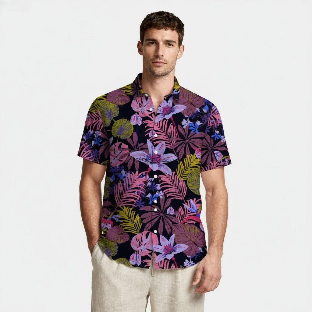 Tropical Floral Print Shirt Short Sleeve Regular Fit for Men