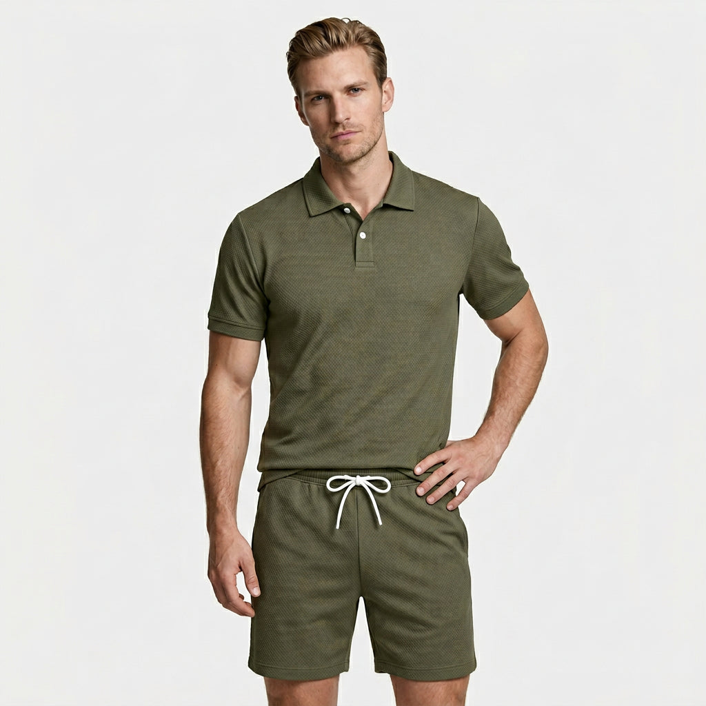 Polo Shirt and Shorts Set Drawstring Waist for Men