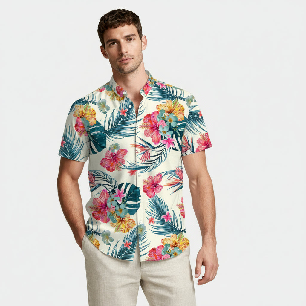 Tropical Floral Print Shirt Short Sleeve Regular Fit for Men