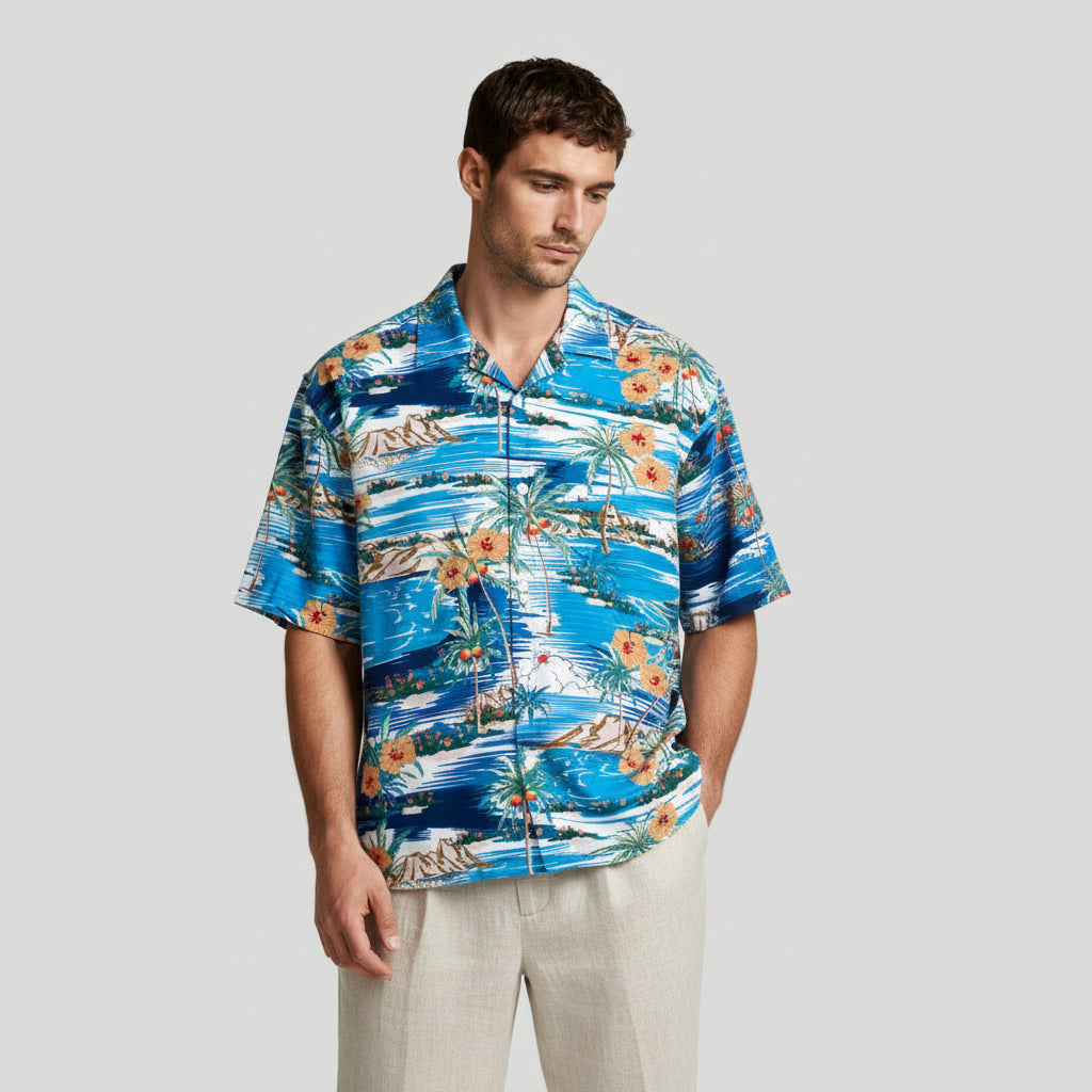 Tropical Floral Print Shirt Short Sleeve Regular Fit for Men