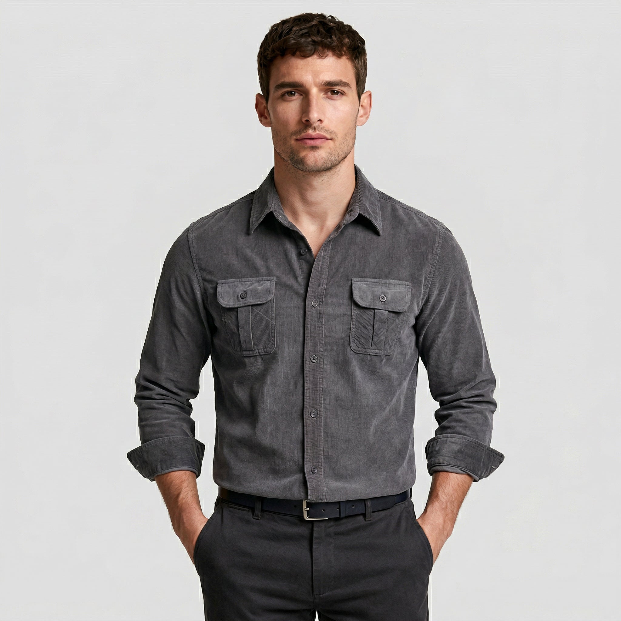 Button-Up Shirt Dual Chest Pockets Structured Fit for Men