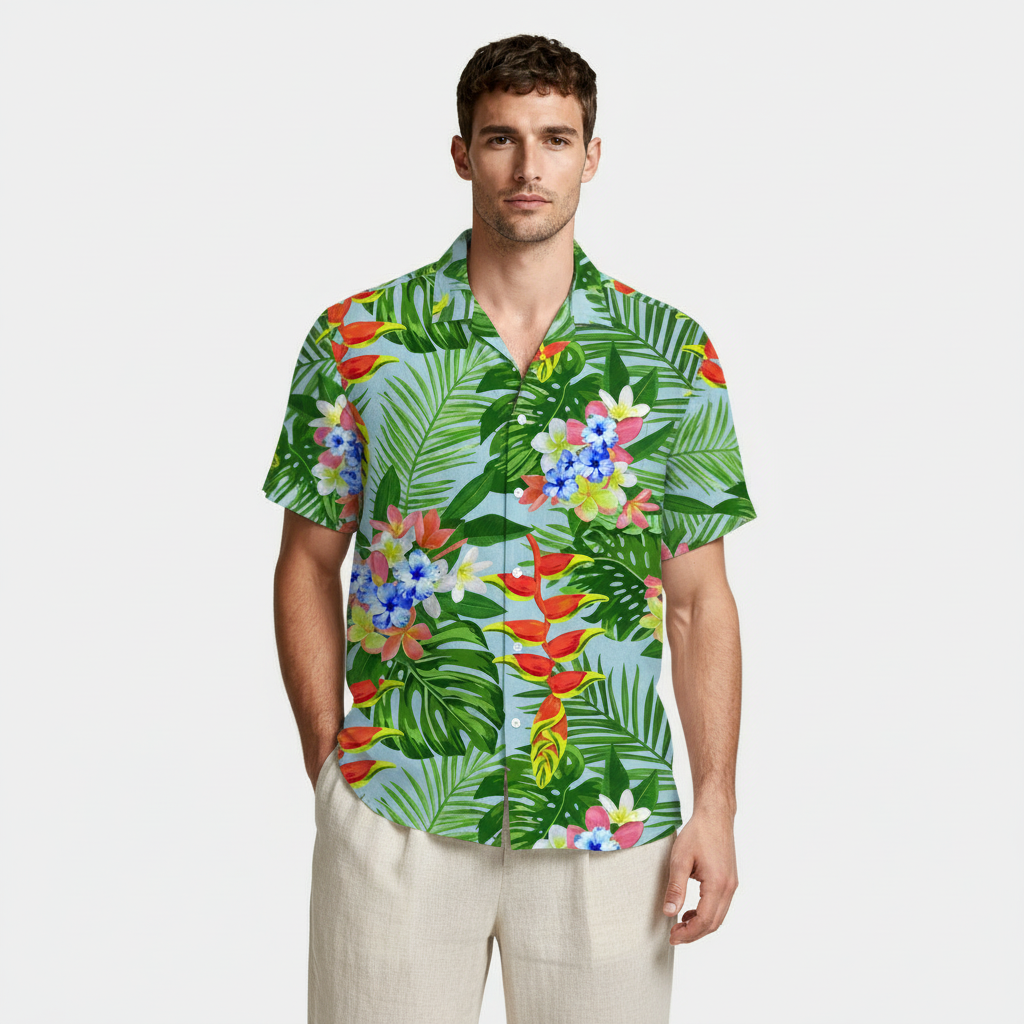 Tropical Floral Print Shirt Short Sleeve Regular Fit for Men