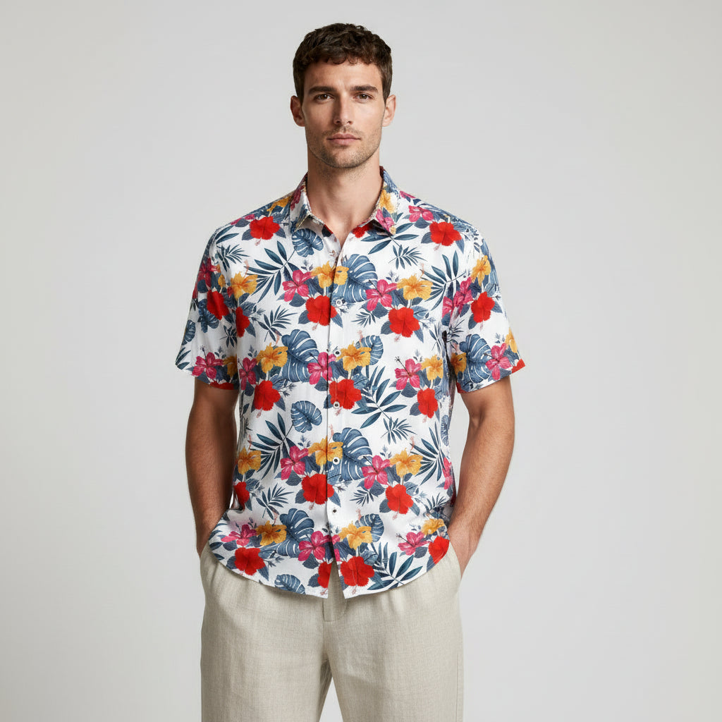 Tropical Floral Print Shirt Short Sleeve Regular Fit for Men