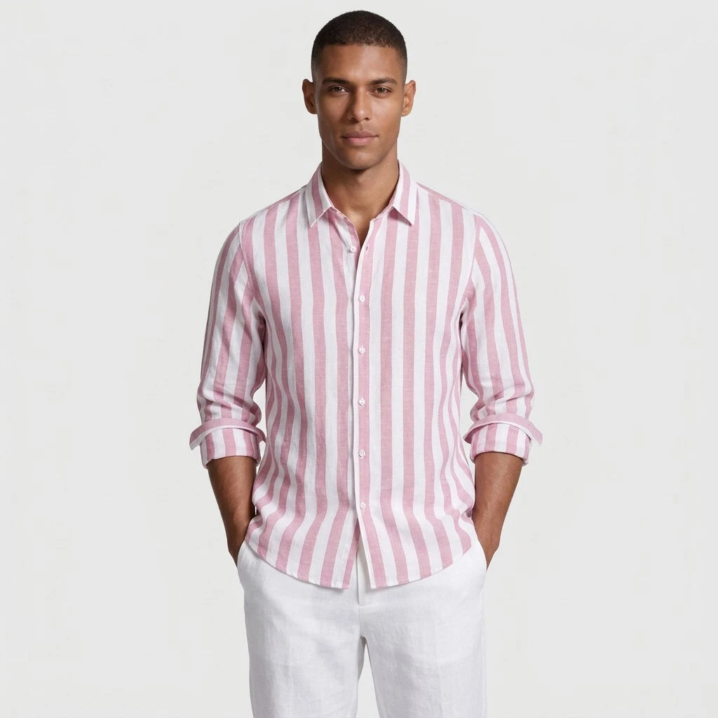 Linen-Cotton Striped Shirt Long Sleeve Relaxed Fit for Men