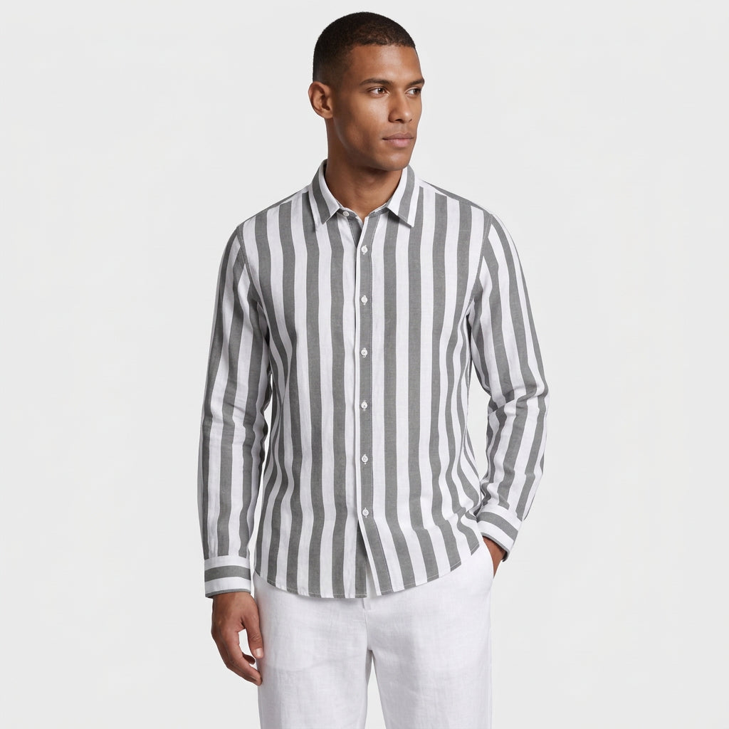 Linen-Cotton Striped Shirt Long Sleeve Relaxed Fit for Men