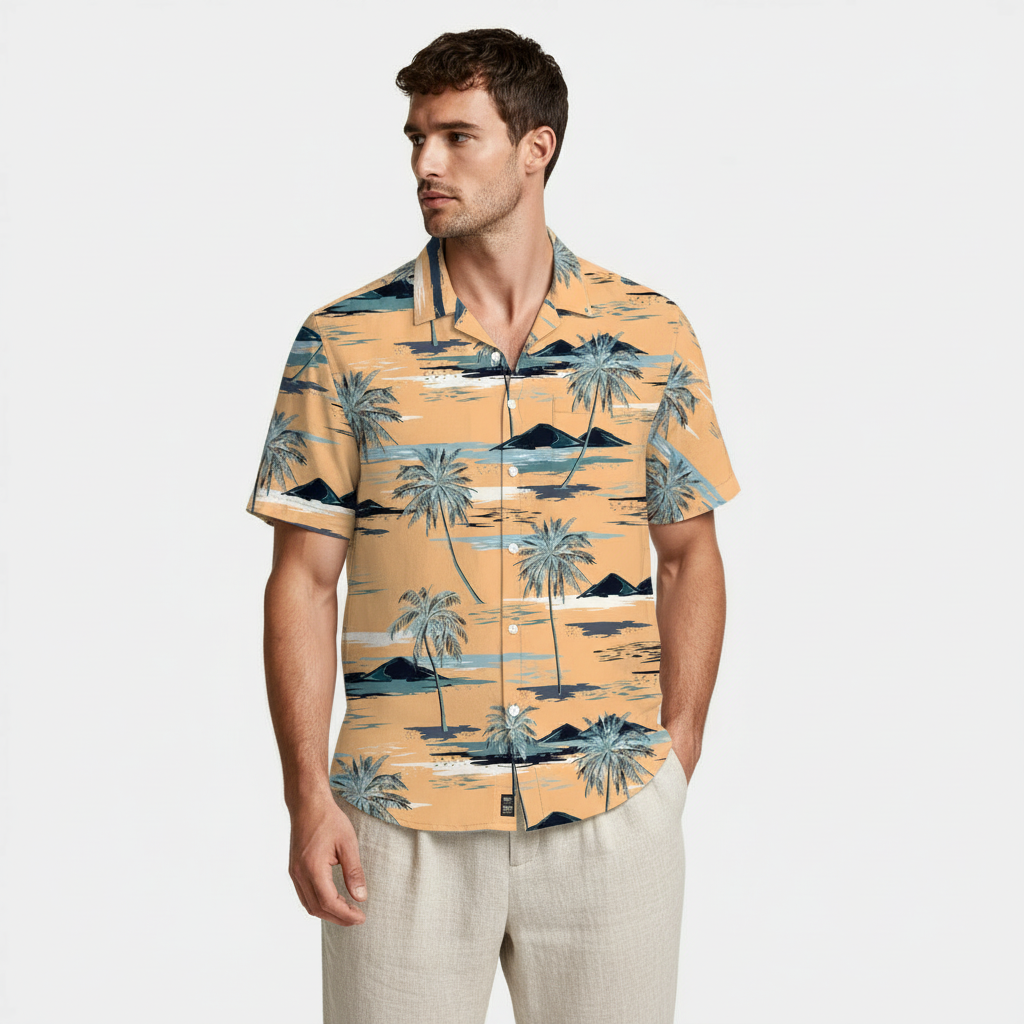Tropical Floral Print Shirt Short Sleeve Regular Fit for Men