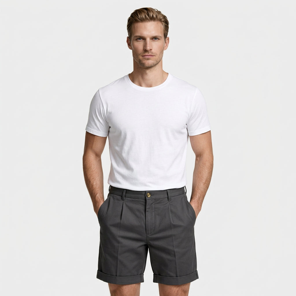 Pleated Tailored Shorts Cuffed Hem Regular Fit for Men
