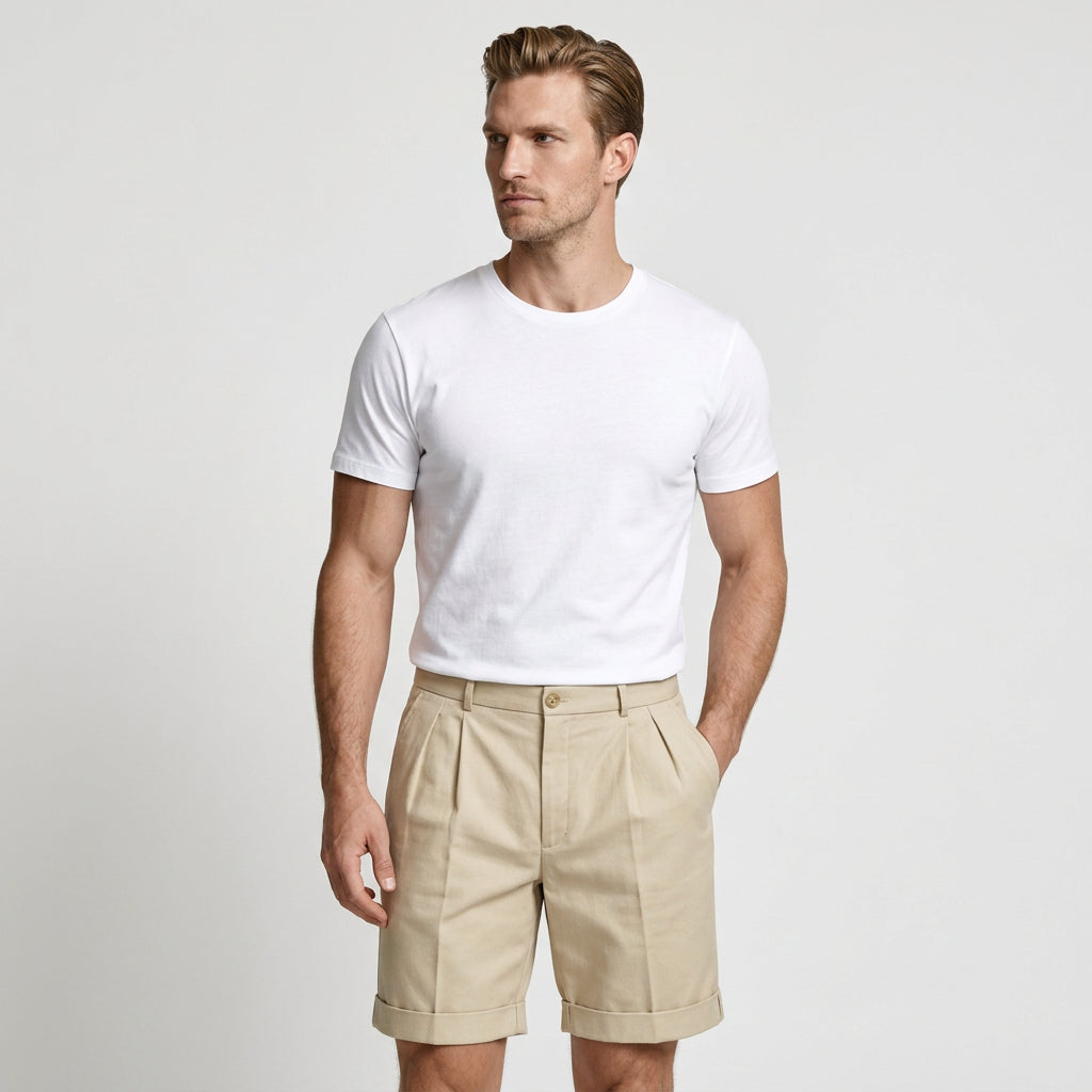 Pleated Tailored Shorts Cuffed Hem Regular Fit for Men