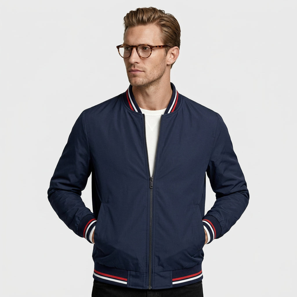 Regular Fit Zip-Up Bomber Jacket Ribbed Trim for Men