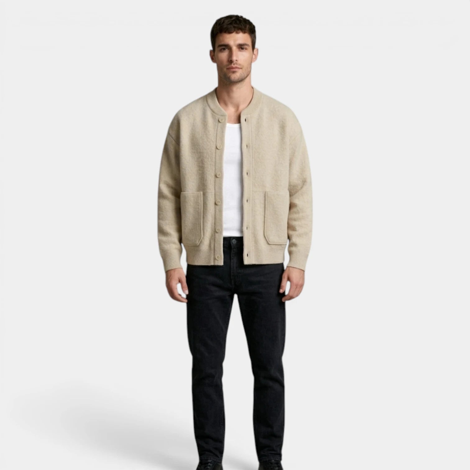 Button-Up Knit Cardigan Ribbed Trim Relaxed Fit for Men