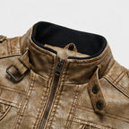 Leather Stand Collar Full-Zip Moto Jacket for Men
