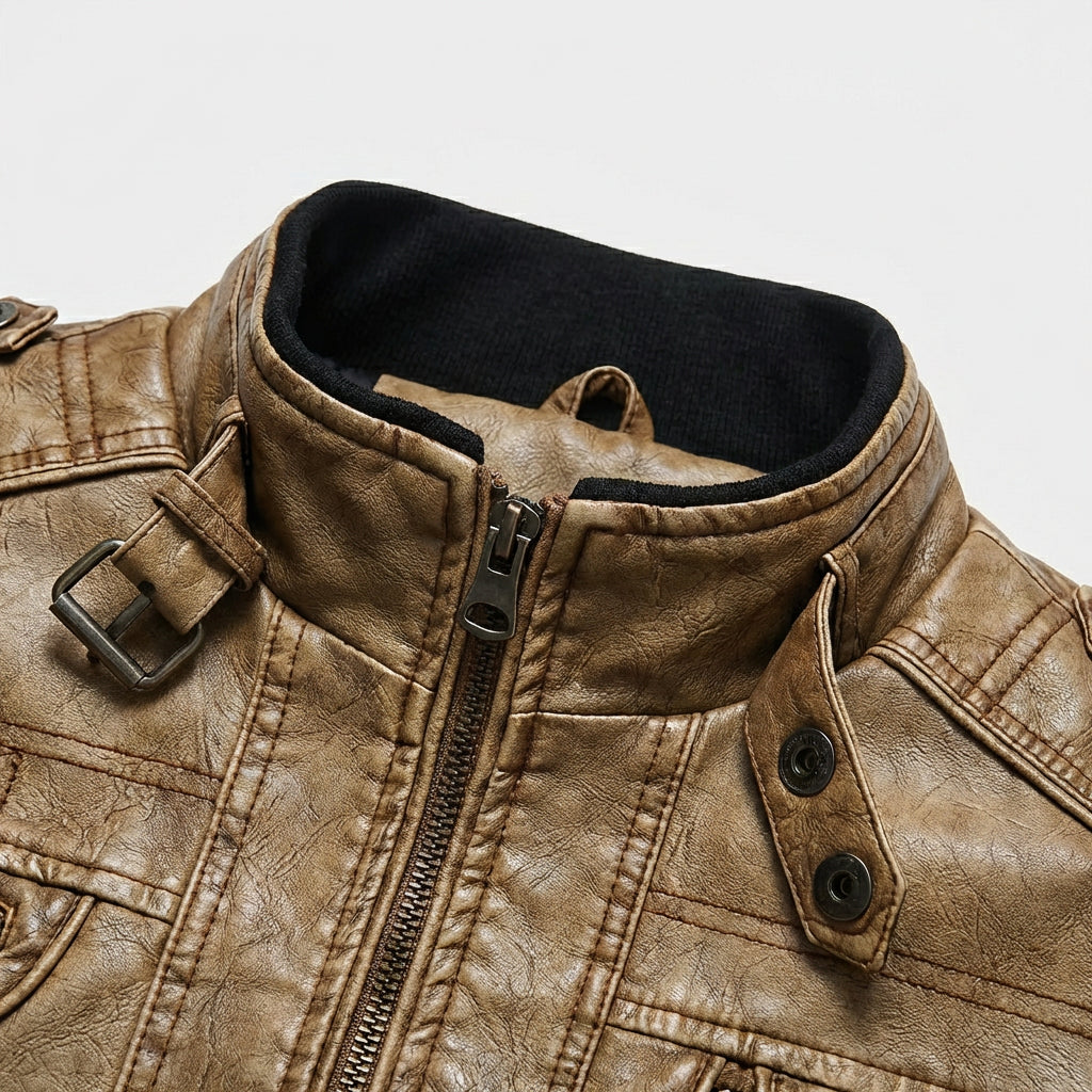 Leather Stand Collar Full-Zip Moto Jacket for Men