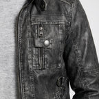 Leather Stand Collar Full-Zip Moto Jacket for Men