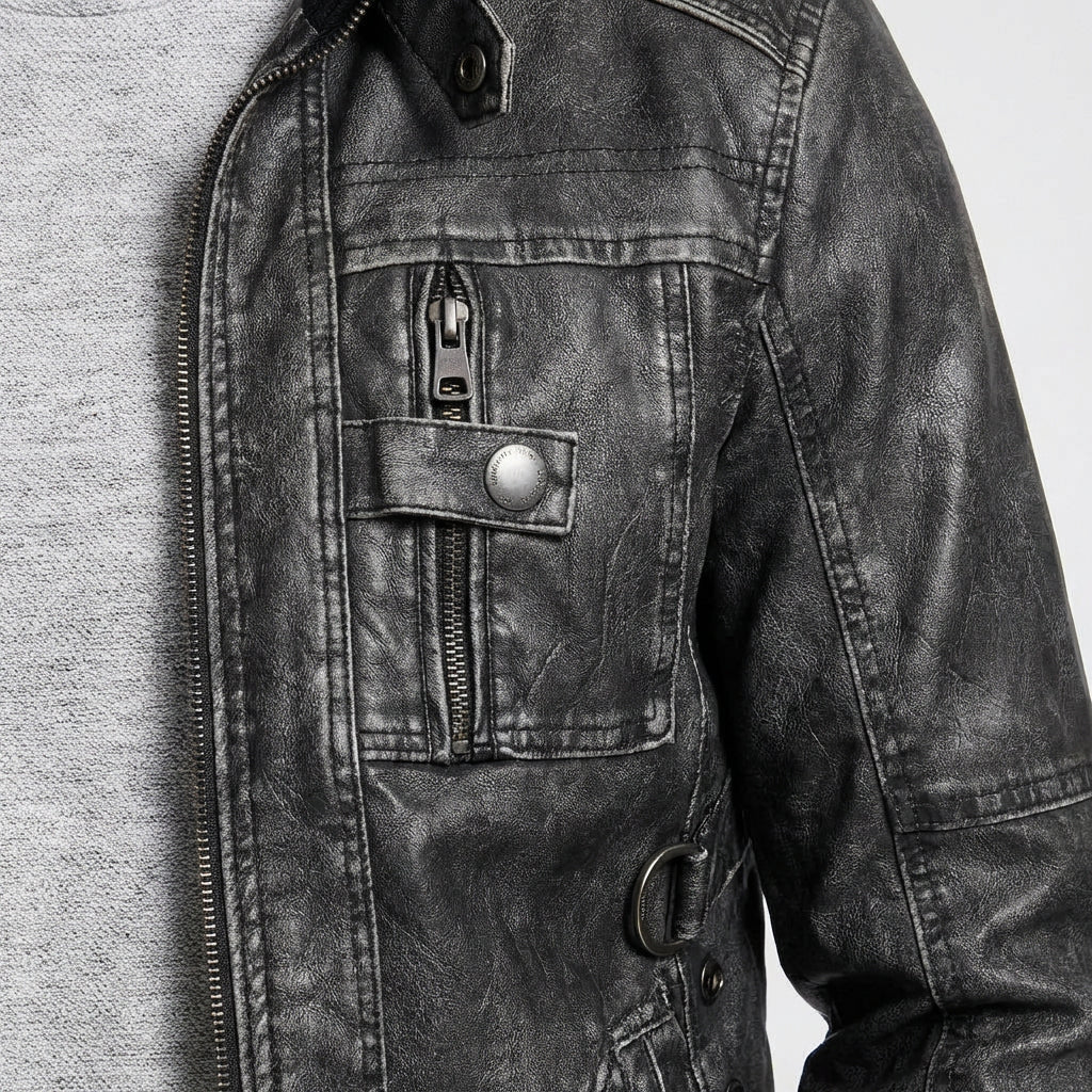 Leather Stand Collar Full-Zip Moto Jacket for Men