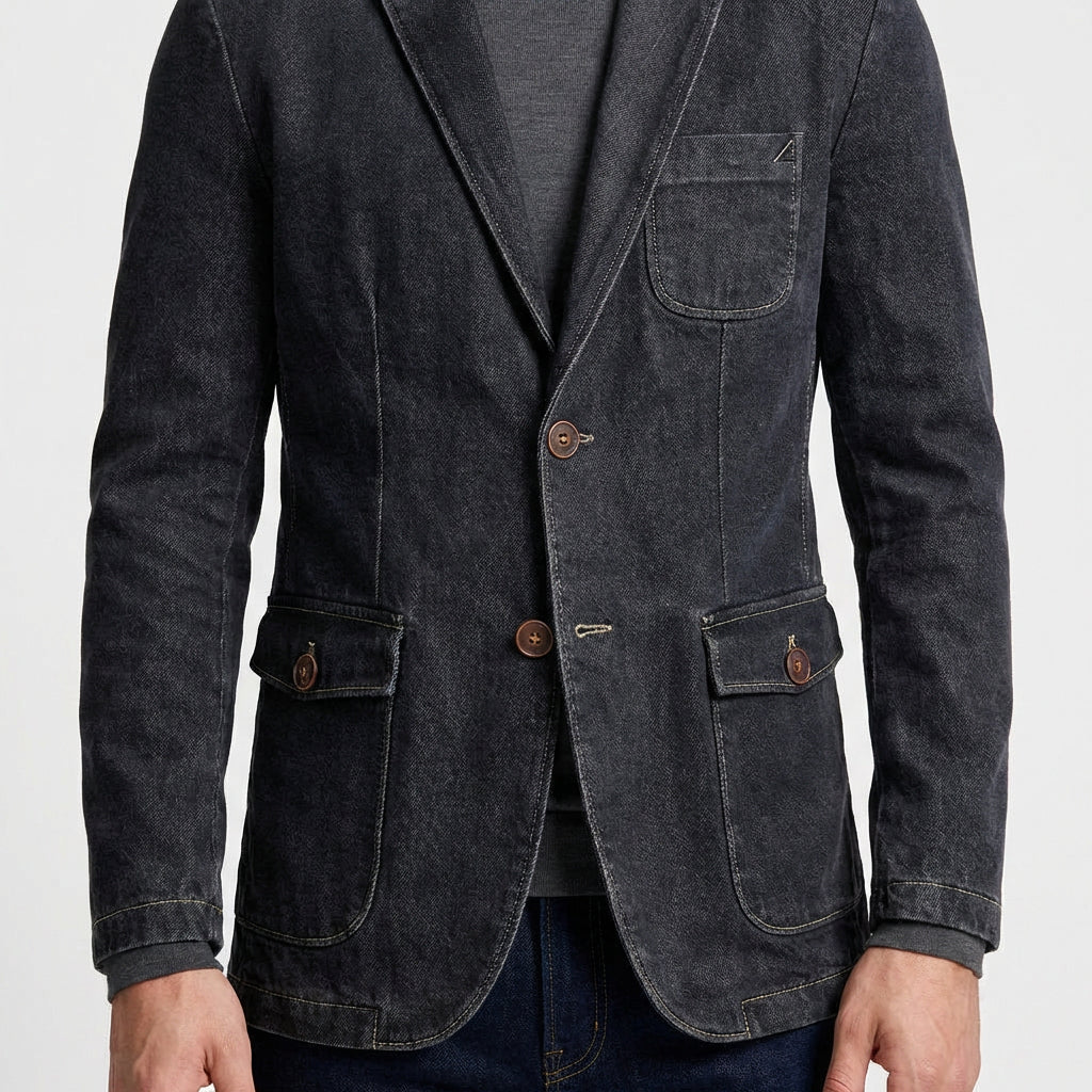 Two-Button Washed Denim Blazer for Men