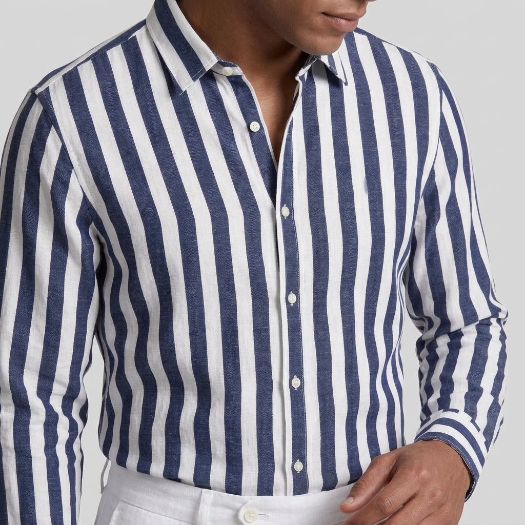 Linen-Cotton Striped Shirt Long Sleeve Relaxed Fit for Men