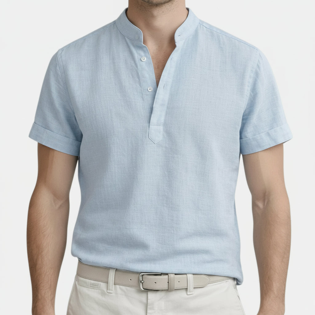 Textured Henley Shirt Stand Collar Relaxed Fit for Men