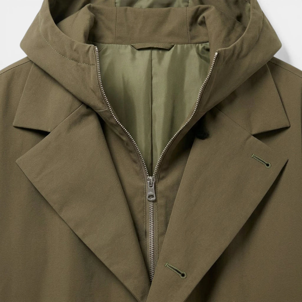 Hooded Longline Trench Coat Zip-Up Button Front for Men